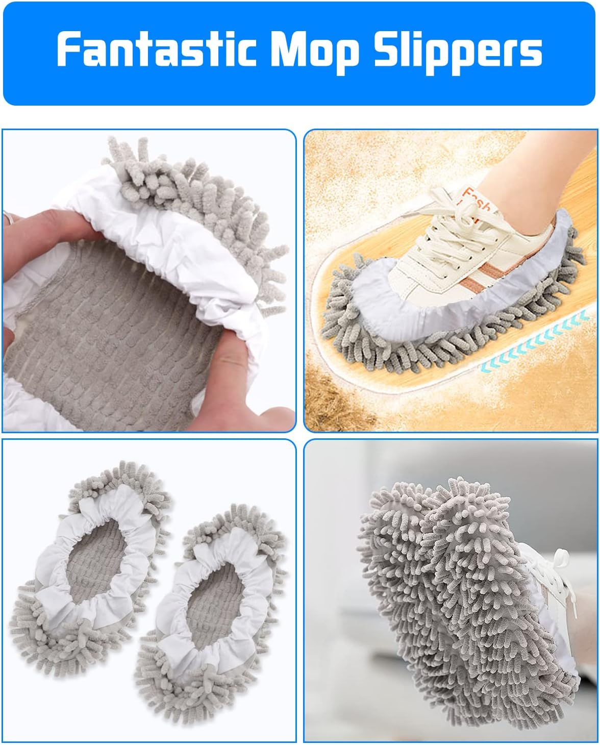 8-Piece Reusable Mop Slippers Washable Floor Cleaners Grey