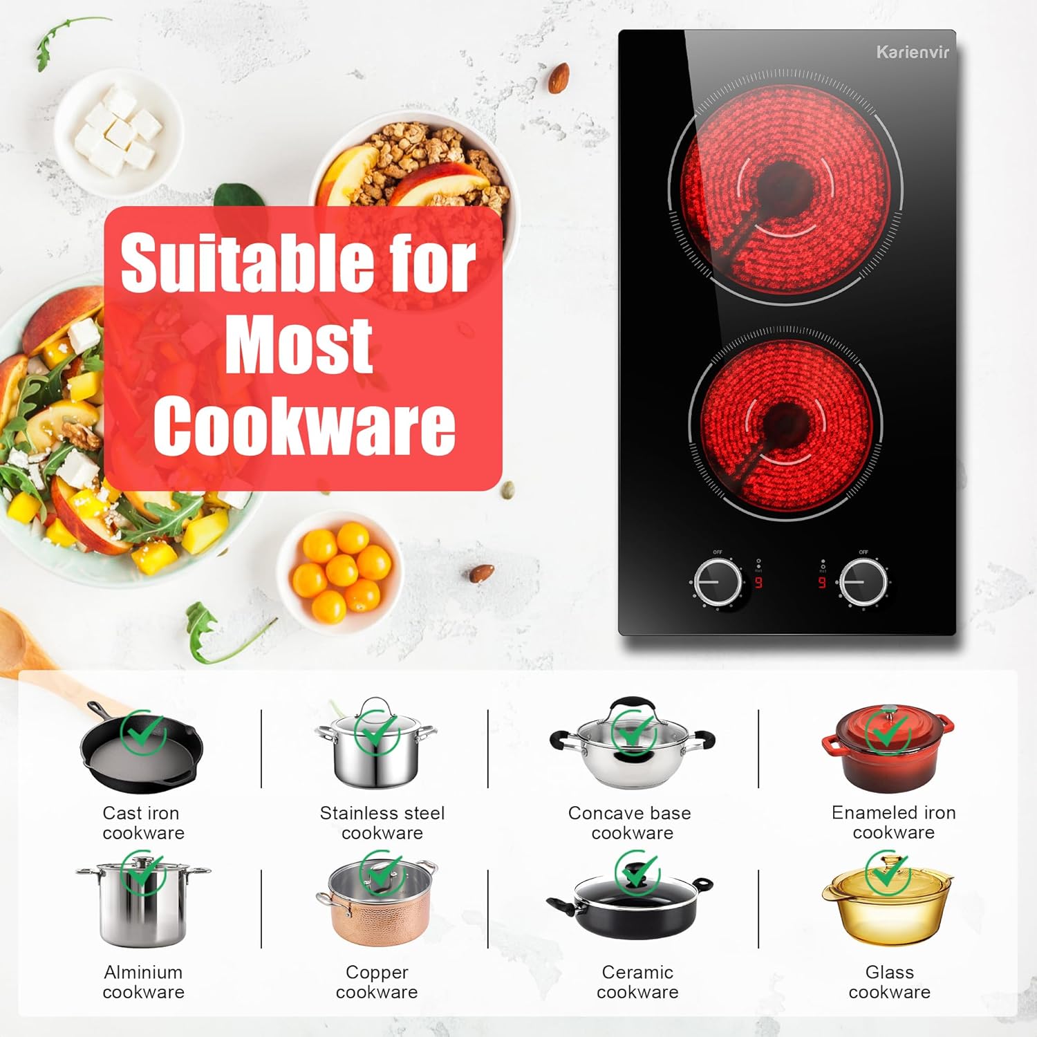 12-Inch Electric Cooktop 2 Burners CeramicsurfacePlug InEasy to Use
