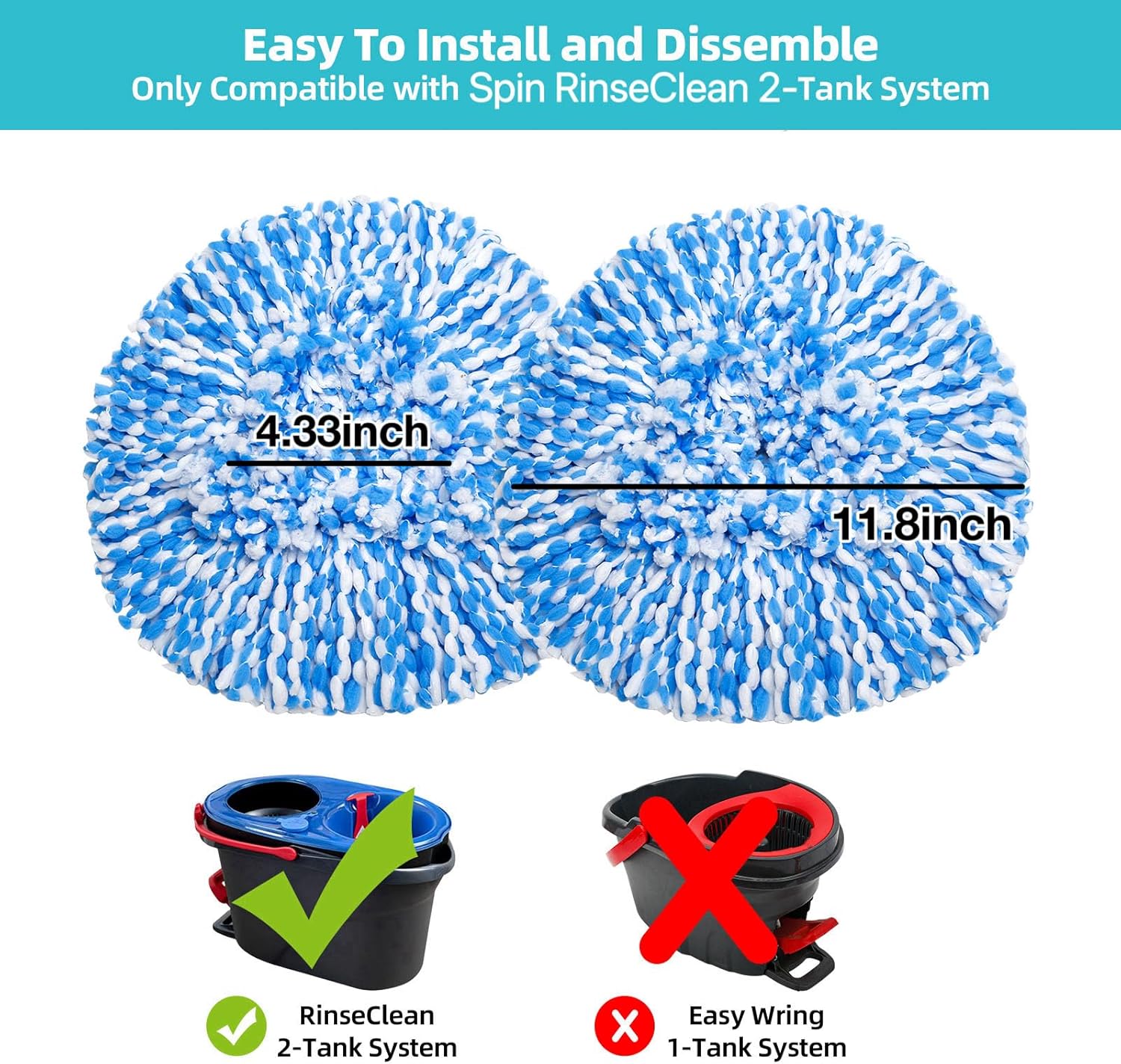 Set of 4 Replacement Spin Mop Heads for RinseClean 2-Tank System