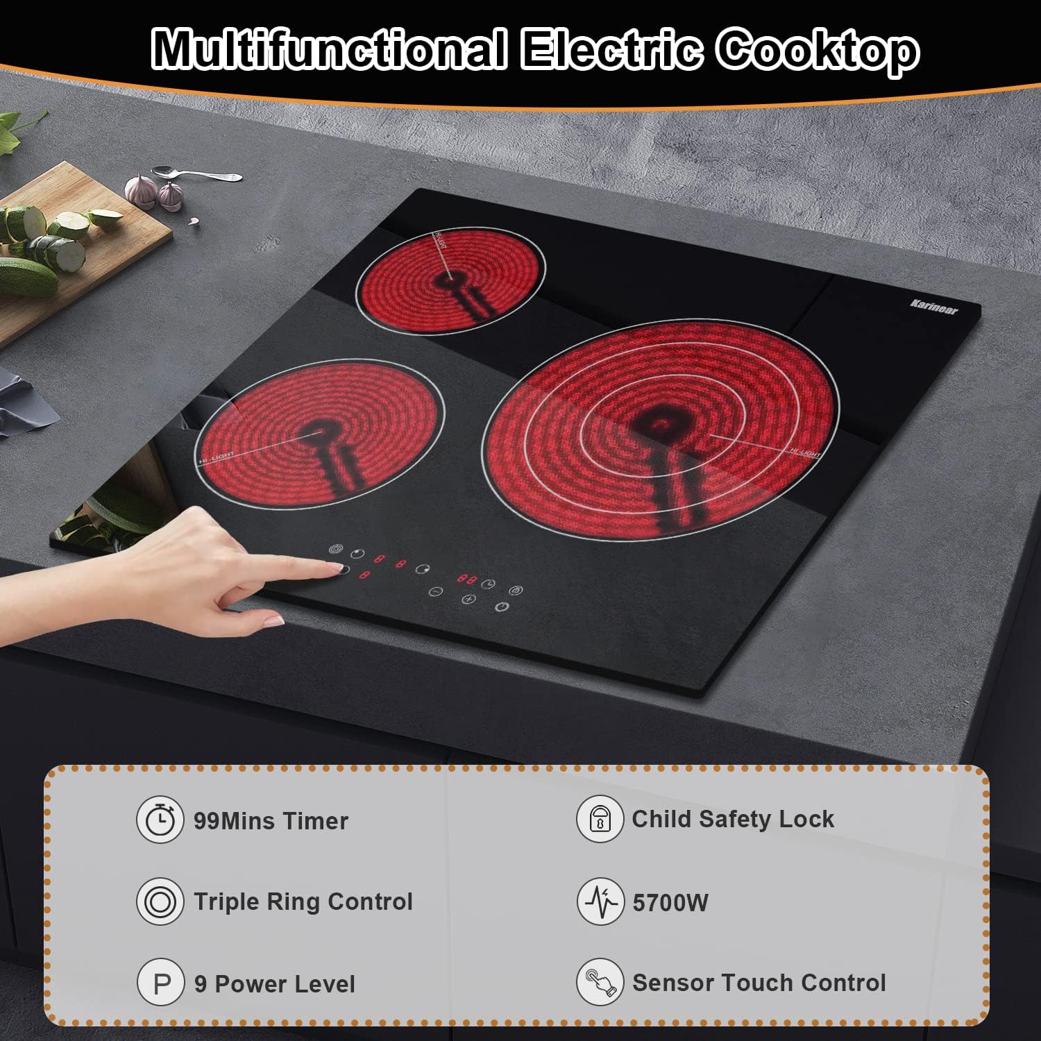 3-Burner Electric Cooktop 24 Built-In Ceramic Glass for Perfect Cooking