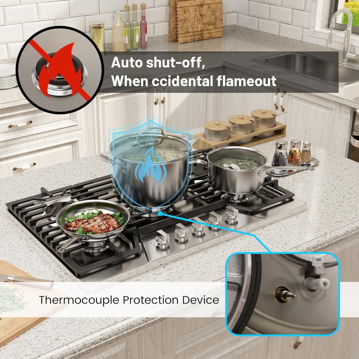36-Inch Gas Cooktop with 5 Power Burners - High Efficiency and CSA Certified