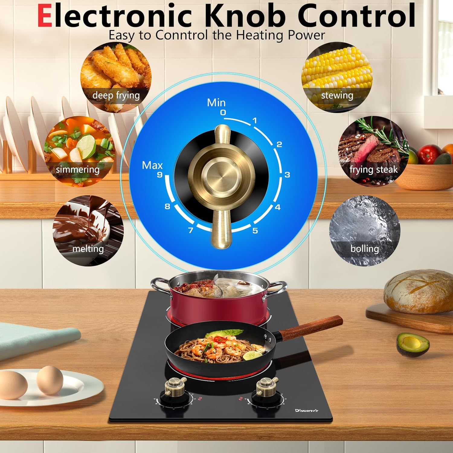 2-Burner Electric Cooktop - 3000W Cooking Power - 9 Power Levels