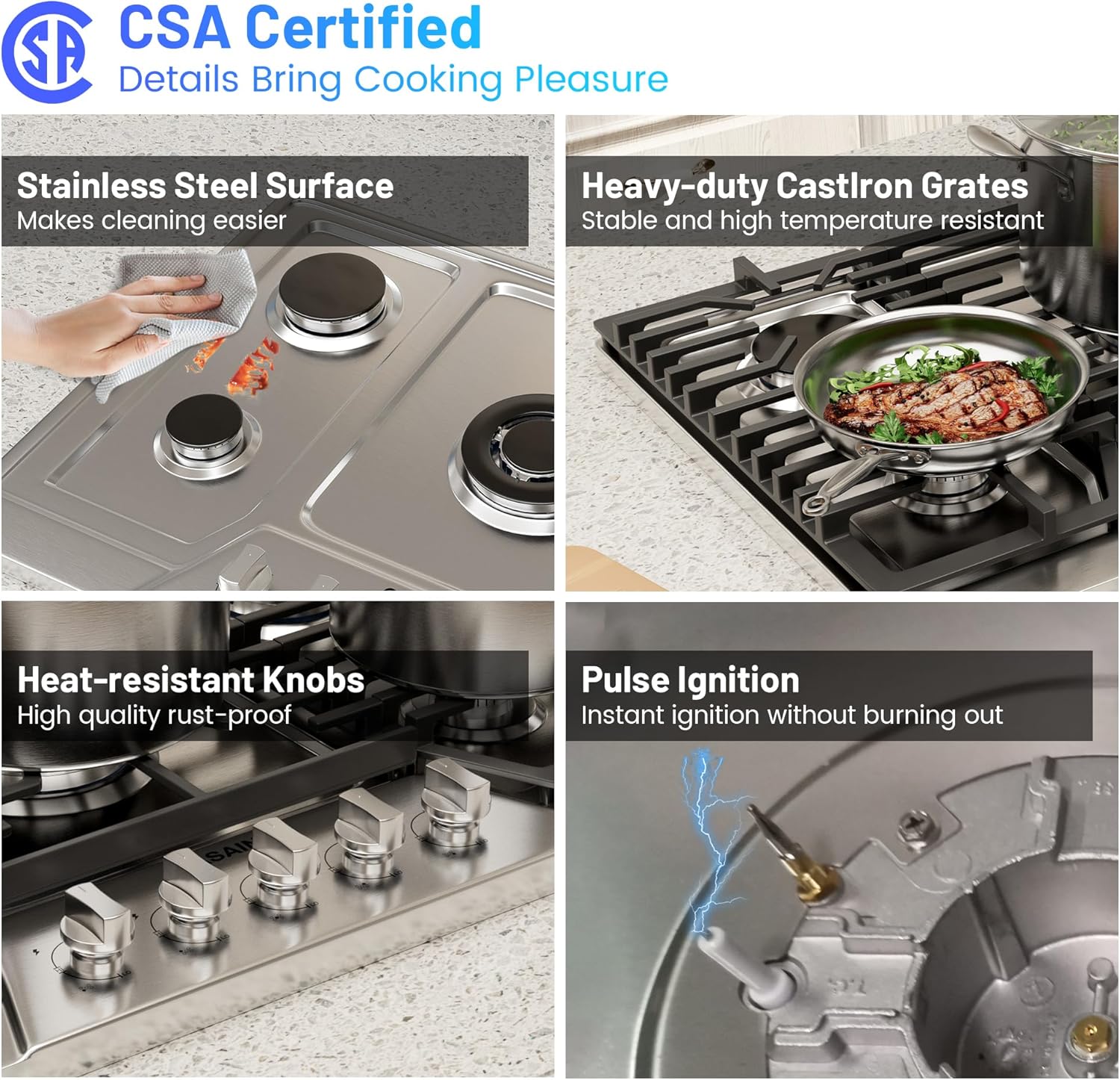 36-Inch Gas Cooktop with 5 Power Burners - High Efficiency and CSA Certified