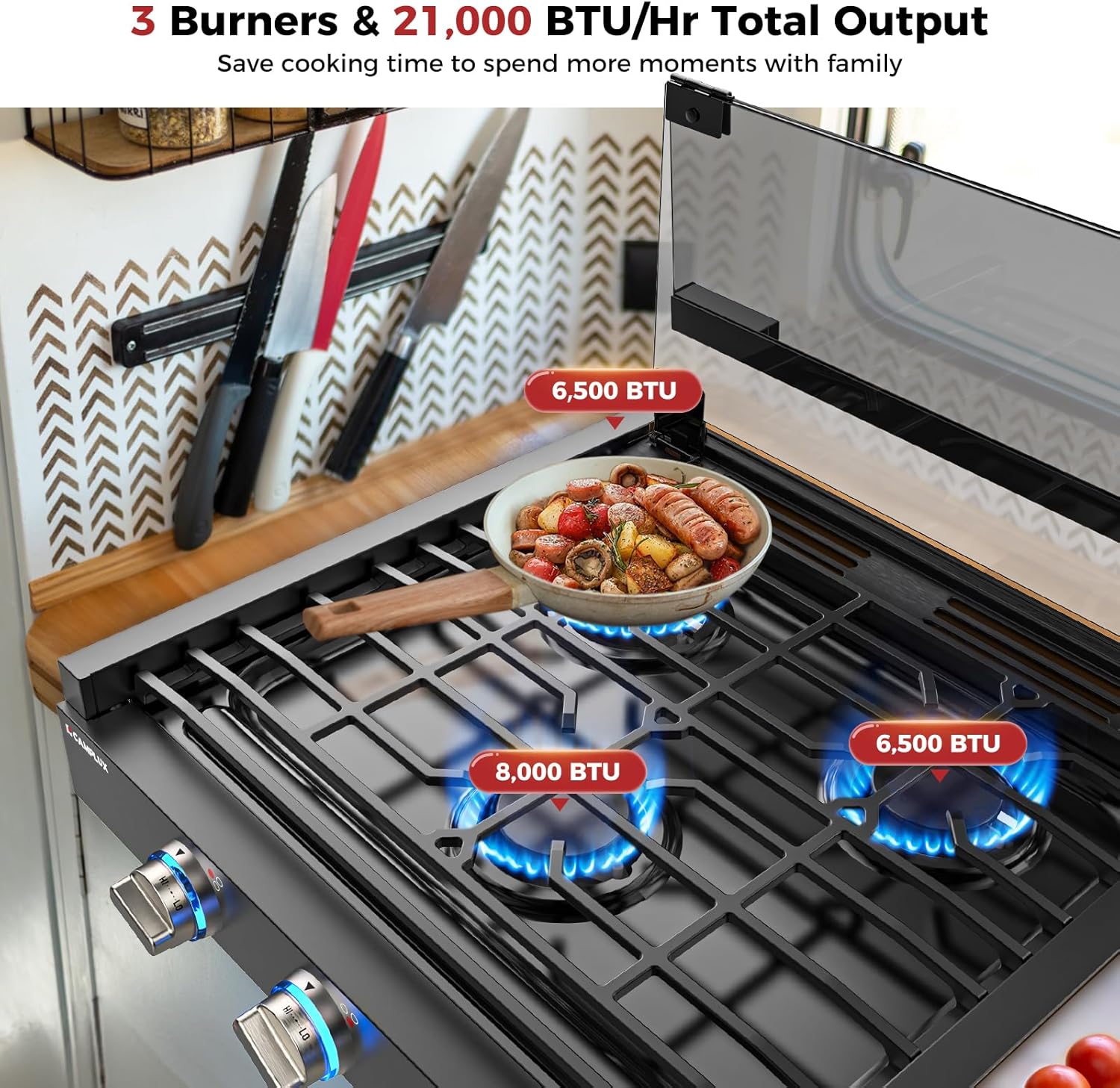 CAMPLUX RV Stove 3 Burners 21000 BTU - Propane Cooktop forRV
