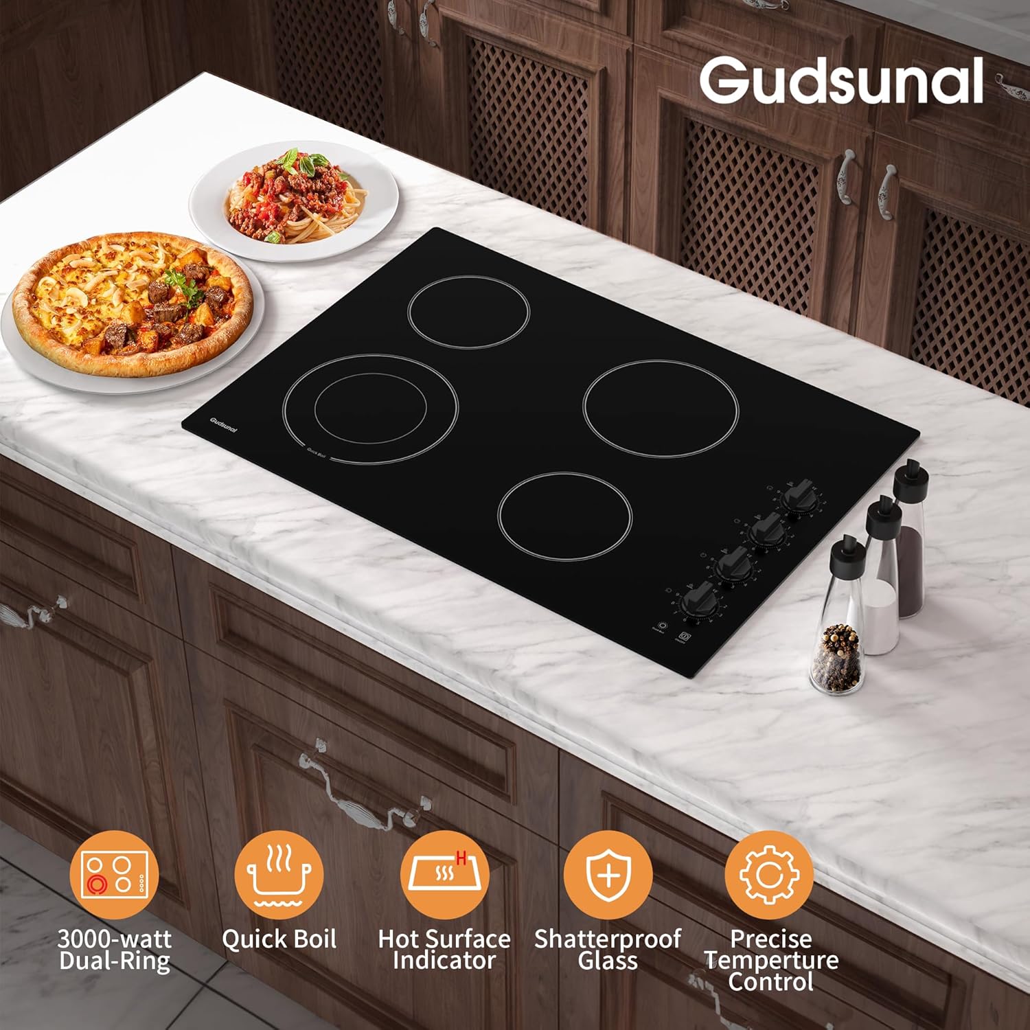 30-Inch Electric Cooktop 4 Burners3000W Dual-Ring Shatterproof Knob Switch Matte Black