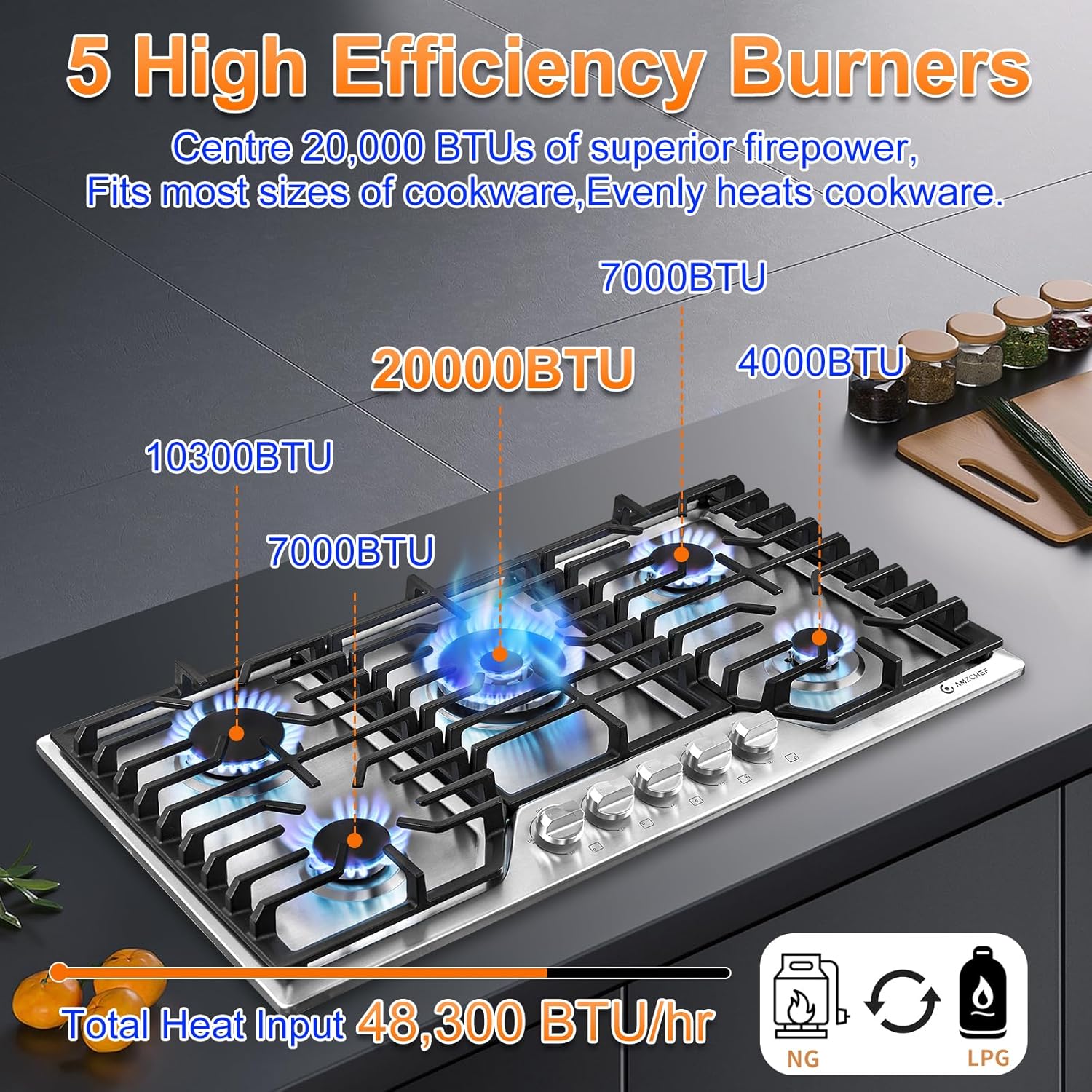 AMZCHEF 36-inch Gas Cooktop with 5Italian Sabaf Burners