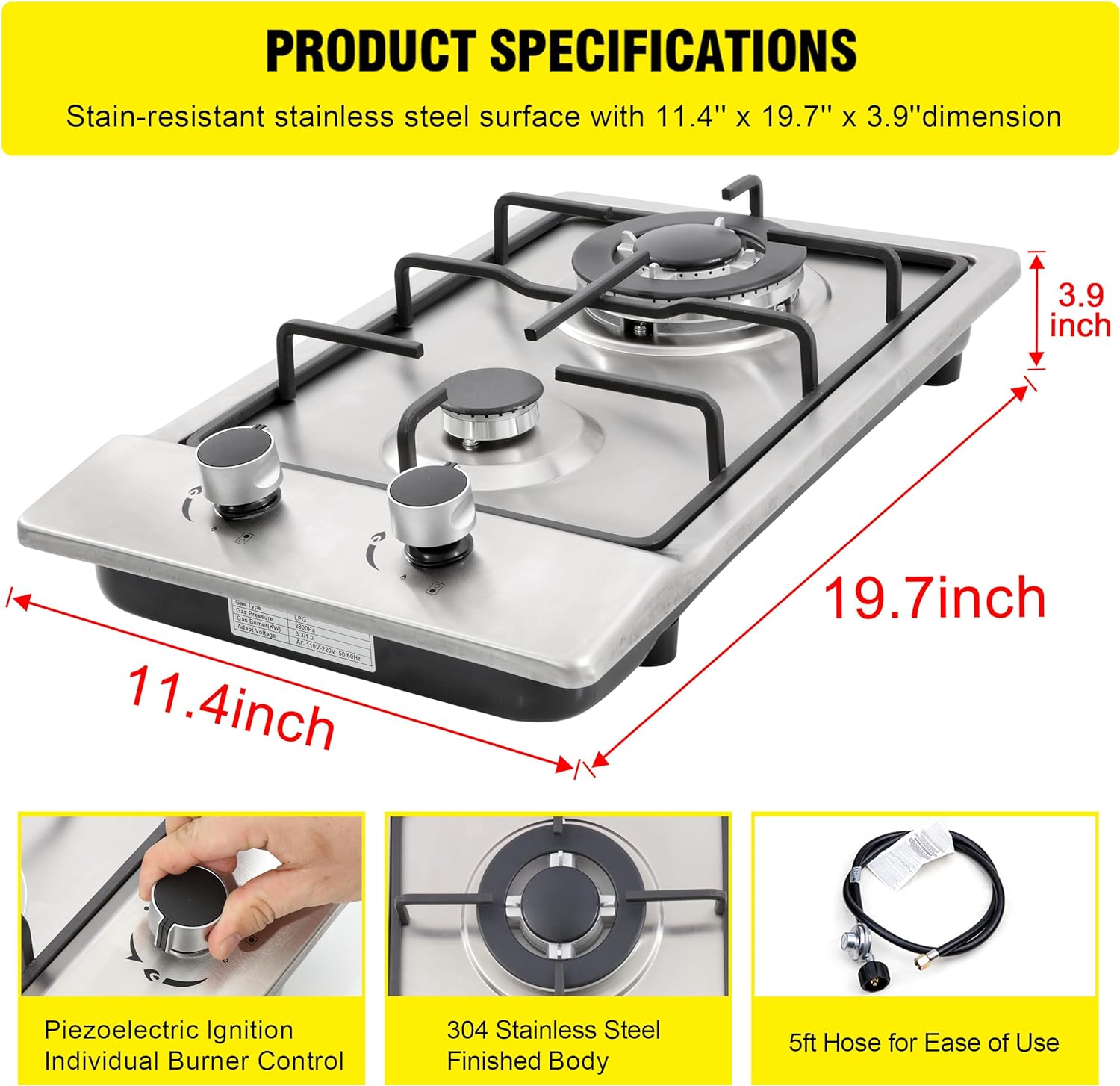 Stainless Steel 12 Gas Cooktop Dual Fuel Outdoor Use Easy to Clean