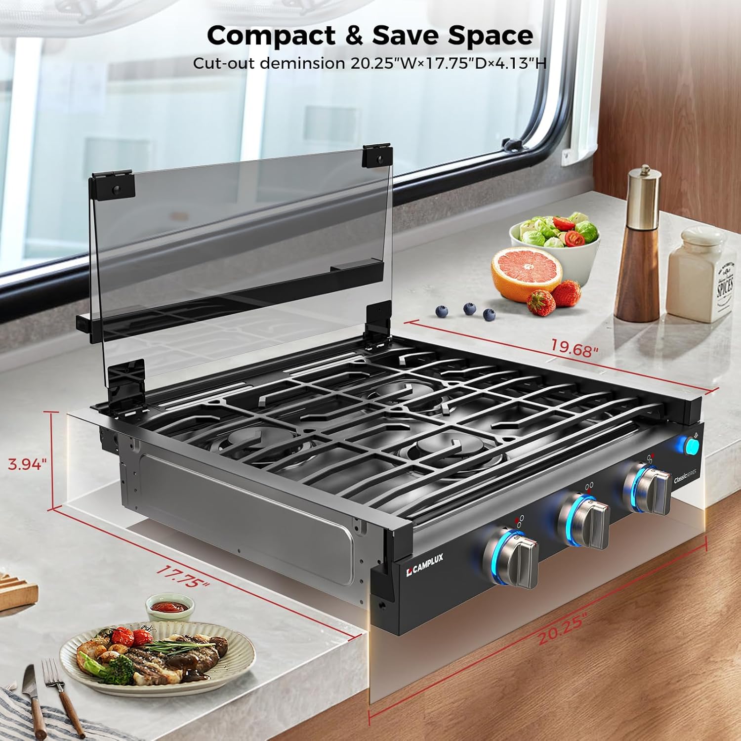 CAMPLUX RV Stove 3 Burners 21000 BTU - Propane Cooktop forRV