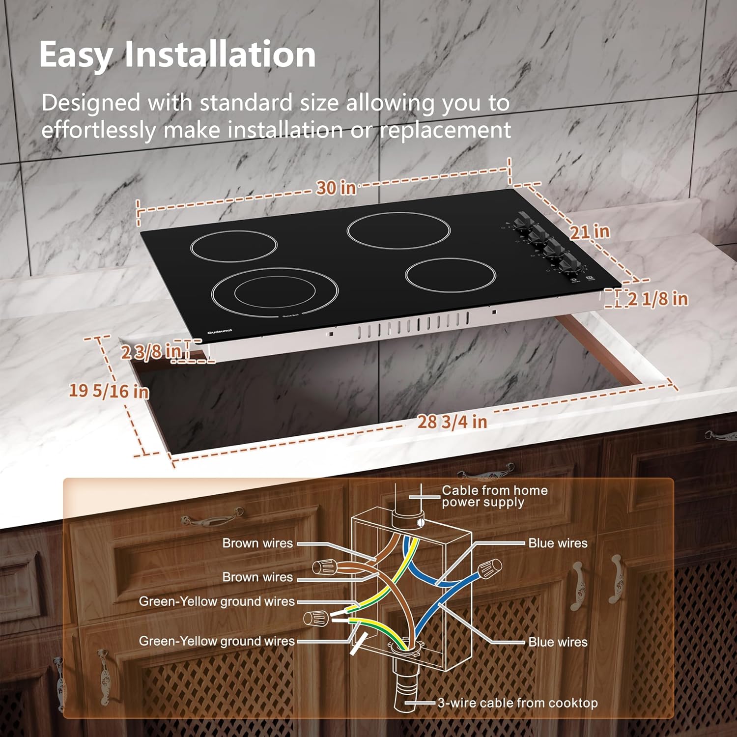 30-Inch Electric Cooktop 4 Burners3000W Dual-Ring Shatterproof Knob Switch Matte Black