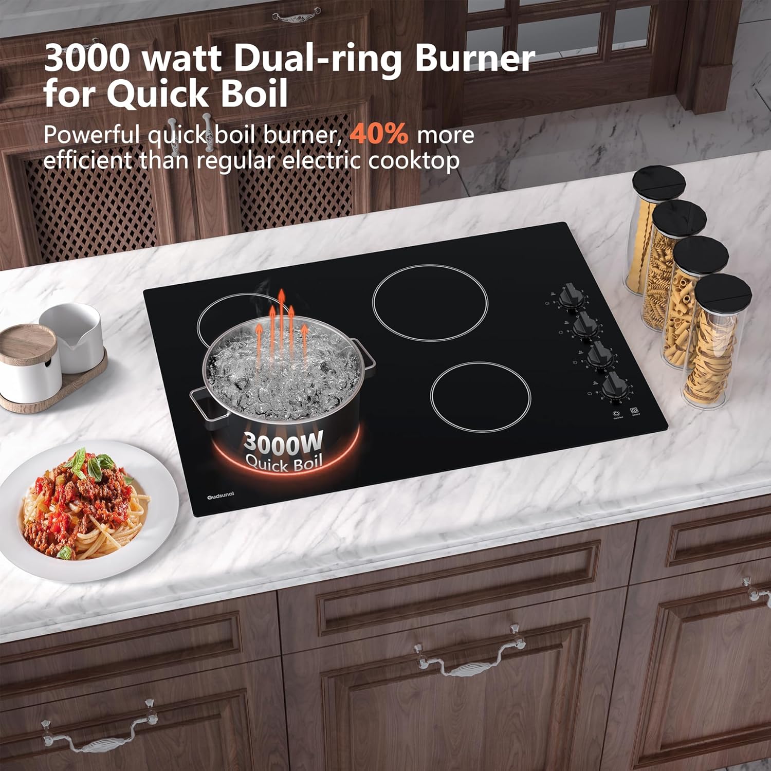 30-Inch Electric Cooktop 4 Burners3000W Dual-Ring Shatterproof Knob Switch Matte Black