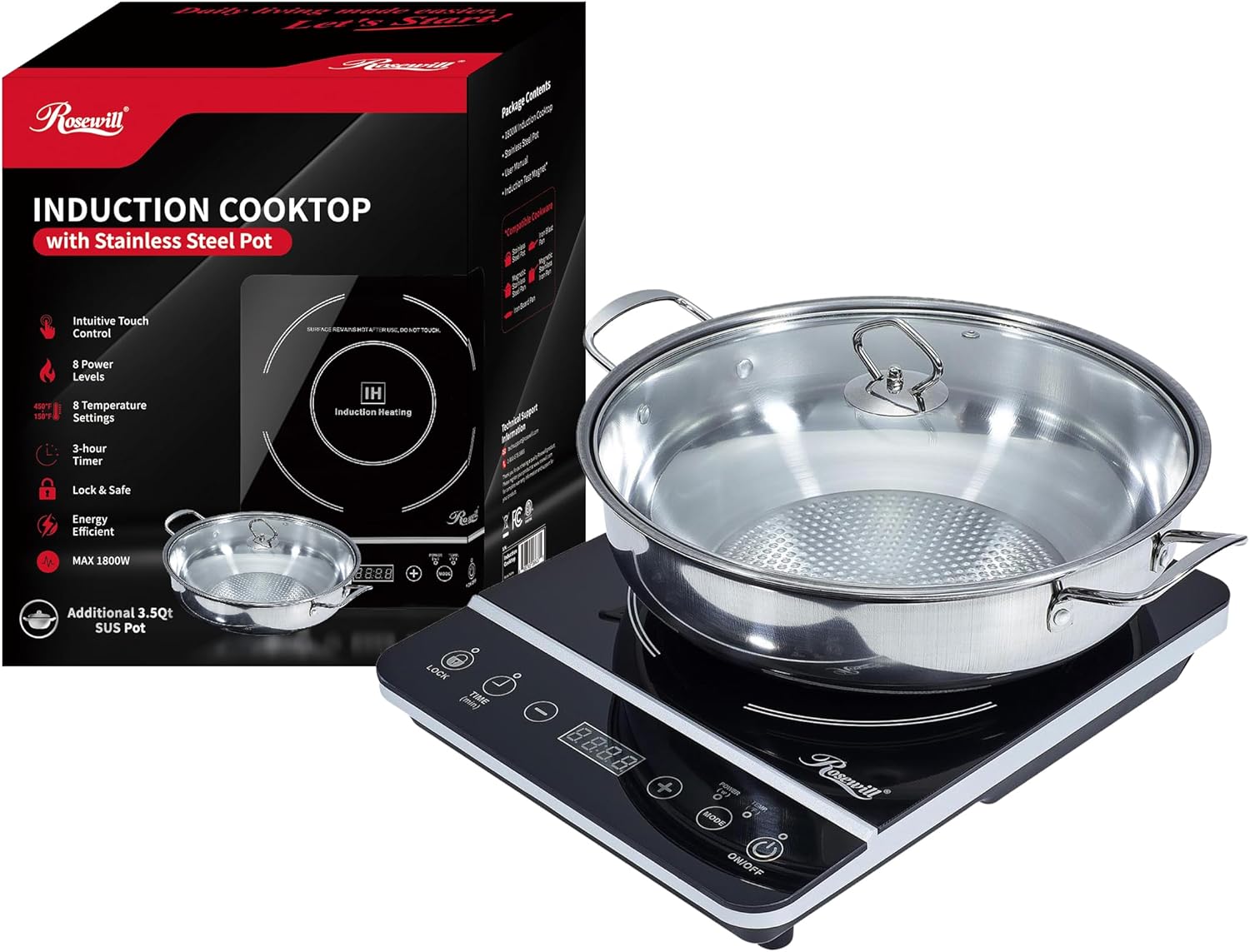 Rosewill 1800W Induction Cooktop 10-inch apt Stainless Steel Talking Monitoring Cooktop