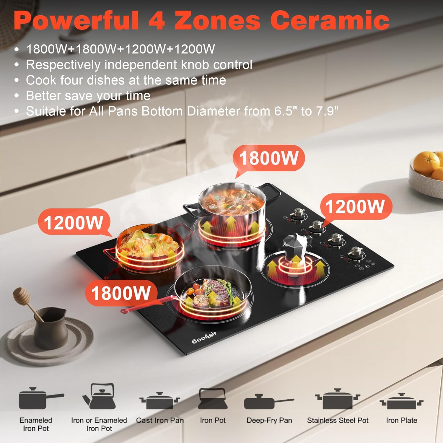 Safety-Enhanced 24-inch Electric Cooktop for 6000W Cooking
